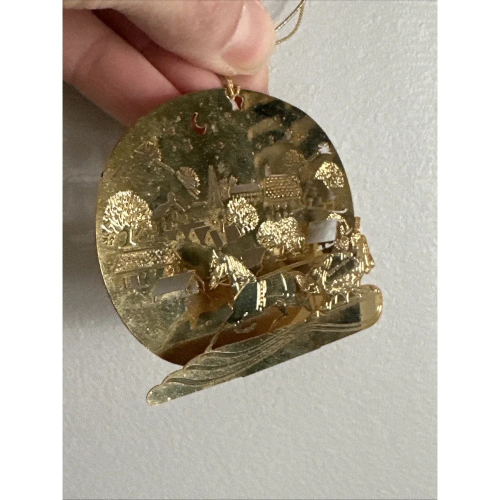 Hallmark 1982 3D Brass Sleigh Ride Gold Tone Christmas Ornament